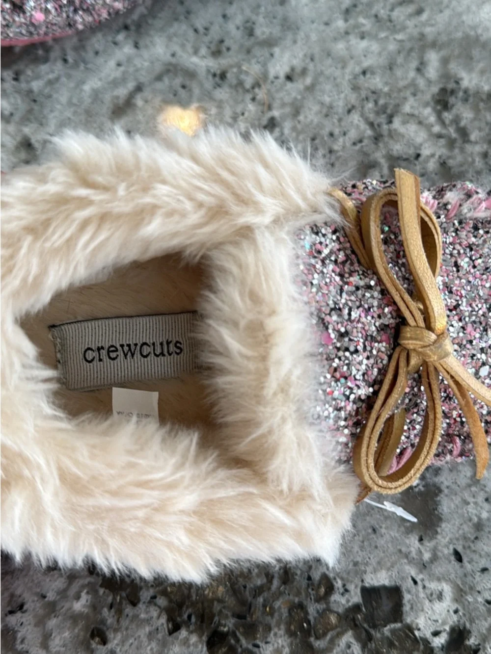 Crewcuts Pink Glitter Faux-Fur Moccasin Slippers with Gold Bow